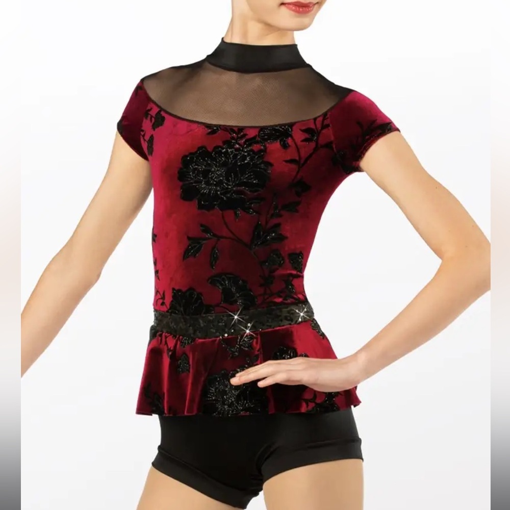 Weissman Glitter Flocked Velvet Peplum Biketard Dance Costume NEW Size XXL Adult